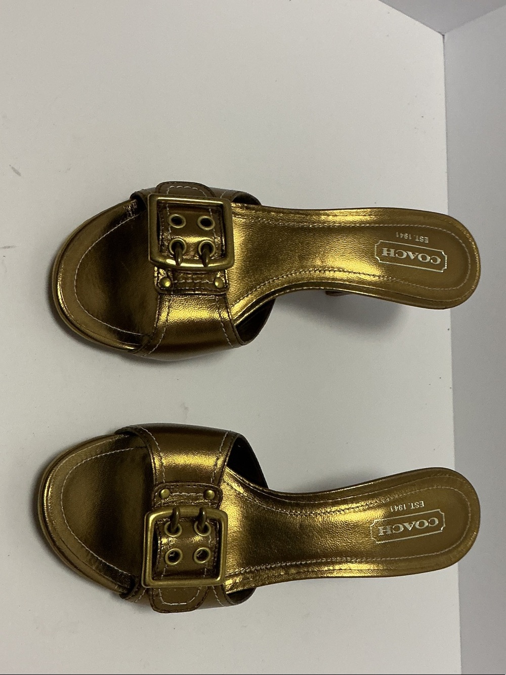 COACH Metallic Gold Buckle Slide Mules